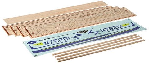 Components of Piper Super Cub 95 Laser Cut Balsa Model Kit in Blue with 24 Inch Wingspan, Decals, Vacuum Formed Parts