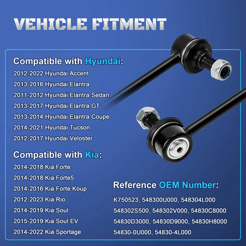 Two Pack Beefed Up Front Stabilizer Sway Bar End Links Replacement For Hyundai And Kia Durable Front Suspension Upgrade Fits Elantra Elantra GT Elantra Coupe Tucson Accent Veloster 2012-2022 with vehicle fitment chart