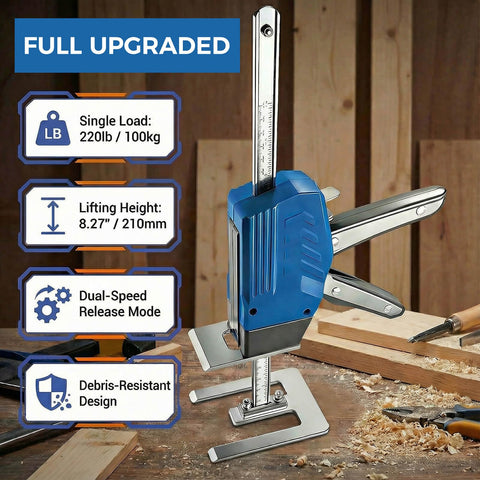 Two-pack blue furniture jack, front view, with debris-proof shield, dual-release, 8.27 in lift, 440 lb capacity