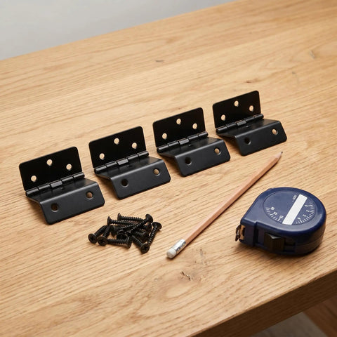 Heavy Duty Tri Fold Hinges For Cabinet Makeover, four black metal hinges with screws and measuring tape on wood surface.