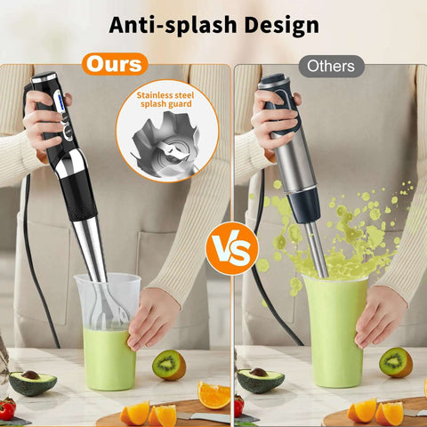 The Badass 21-Speed Handheld Immersion Blender With 3-Angle Adjustable Shaft And Comfortable Grip in use, showcasing anti-splash design.