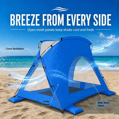 Blue Portable Beach Sun Shelter For 2 To 8 People, UPF 50 Plus UV Protection with mesh panels, on a sunny beach.