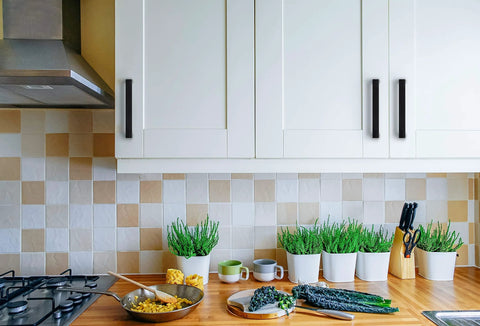 Kitchen with cabinets featuring Set Of 30 Matte Black Square Cabinet Handles 3 3/4 Inch Center To Center Drawer Pulls
