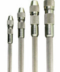 Heavy Duty Four Piece Single End Pin Vise Set With Sick Grip Holds Tiny Drill Bits Taps And Reamers Hollow Body Accepts Long Rods And Makes Your Workshop Jobs Run Like Clockwork, showcasing four distinct vise sizes.