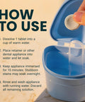 Hand holding cleaning tablet over blue cup, instructions for Extra Strength Retainer And Denture Cleaning Tablets 8 Month Supply.