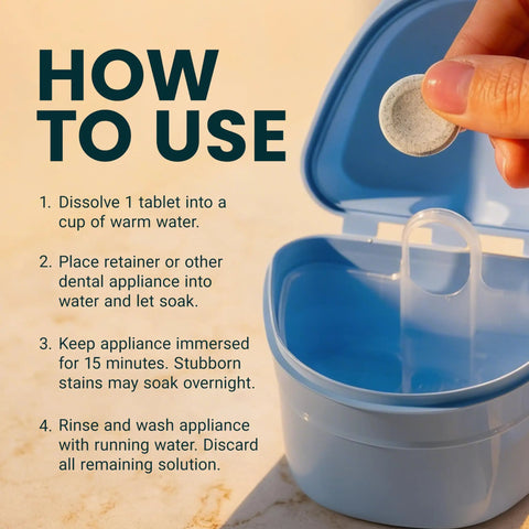 Hand holding cleaning tablet over blue cup, instructions for Extra Strength Retainer And Denture Cleaning Tablets 8 Month Supply.