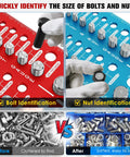 68 In 1 Nut And Bolt Thread Checker Gauge Kit With 52 Size Identifiers shown identifying bolt and nut sizes on red and blue gauges.