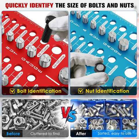 68 In 1 Nut And Bolt Thread Checker Gauge Kit With 52 Size Identifiers shown identifying bolt and nut sizes on red and blue gauges.