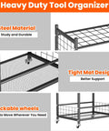 Garden Tool Organizer And Storage Stand With Lockable Wheels For Garage Shed Indoor Outdoor Use Multi Slot Shelves And Hooks For Rake Shovel Broom Heavy Duty Steel Yard Tool Holder featuring steel material and tight mat design with lockable wheels.