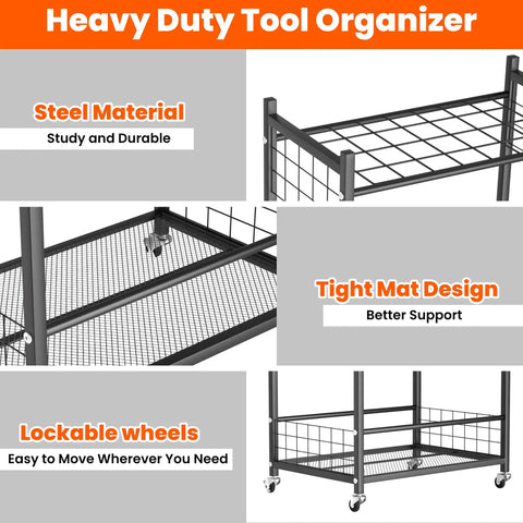 Garden Tool Organizer And Storage Stand With Lockable Wheels For Garage Shed Indoor Outdoor Use Multi Slot Shelves And Hooks For Rake Shovel Broom Heavy Duty Steel Yard Tool Holder featuring steel material and tight mat design with lockable wheels.