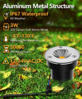 Low Voltage Landscape Well Lights 3W 12V 24V In Ground LED Lights IP67 Waterproof, aluminum structure, specs displayed.