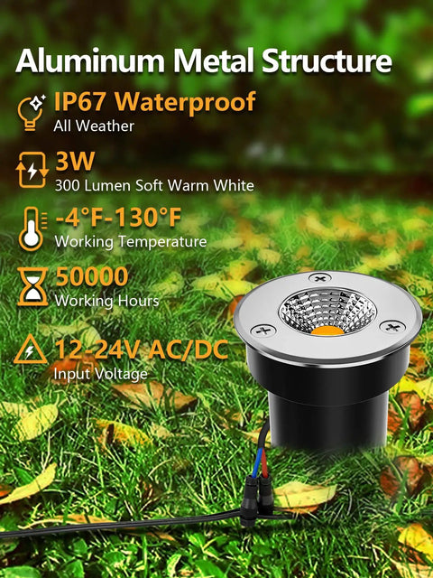 Low Voltage Landscape Well Lights 3W 12V 24V In Ground LED Lights IP67 Waterproof, aluminum structure, specs displayed.