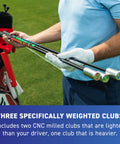 Man holding Senior Swing Speed Golf Training Set with 3 Weighted Speed Sticks in Yellow Green Blue on golf course.