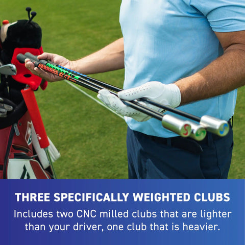 Man holding Senior Swing Speed Golf Training Set with 3 Weighted Speed Sticks in Yellow Green Blue on golf course.