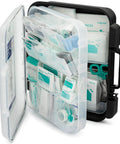 Open front view of large wall-mountable first aid kit cabinet with transparent pocket organizer and teal medical supplies