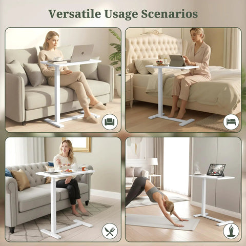 Four images show Portable Sit Stand Desk With One Press Pneumatic Lift; in living room, bedroom, dining room, and yoga setting.