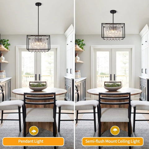 Modern Farmhouse Black Metal 4 Light Chandelier With Crystal Square Pendant Lights Industrial Pendant Light For Dining Room Kitchen Island Living Room Foyer Hallway Entryway 15.75 Inch