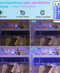 Four brightness levels of solar rope string lights with wireless remote control, displayed on a shelf with star decorations in different light modes.