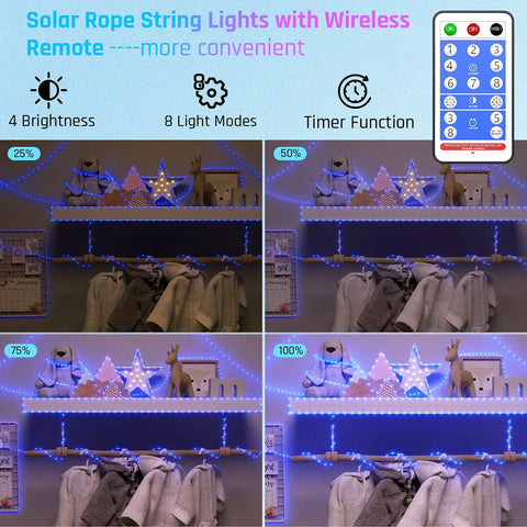 Four brightness levels of solar rope string lights with wireless remote control, displayed on a shelf with star decorations in different light modes.