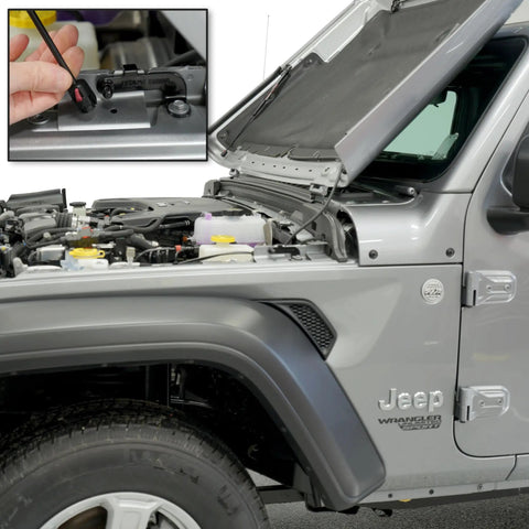 Hood Quicklift Kit For Jeep Wrangler JL 2018 And Gladiator 2020 Plus Aluminum Hood Support System demonstrated on vehicle