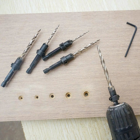 Five Piece Countersink Drill Bit Set For Wood With Sizes 4 6 8 10 12 And A 2.5mm Allen Wrench Plus Free Storage Case Pro Grade