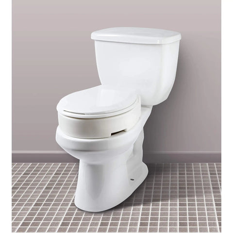 Hinged Round Raised Toilet Seat Riser with 3.5 Inch Lift on white toilet, universal fit for standard and elongated toilets