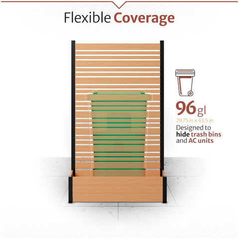 Image of Six Foot High Freestanding Privacy Screen With Planter Box For Patio Three Point Eight Foot Wide Cedar Color Outdoor Wall Perfect For Hiding Clutter And Creating A Simple Chill Green Space, displayed with dimensions and coverage details.