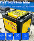 Badass Heavy Duty Electric Rebar Bender Automatic Hoop Bending Machine Built Tank Tough For Quarter To Two Inch Round Steel Bars, yellow and black design.