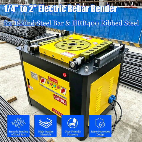 Badass Heavy Duty Electric Rebar Bender Automatic Hoop Bending Machine Built Tank Tough For Quarter To Two Inch Round Steel Bars, yellow and black design.