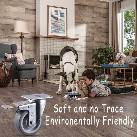 Living room with child and dog, 4 Inch Heavy Duty Caster Wheels With Brakes Set Of 4 2200 Lb Capacity Swivel TPR displayed front.