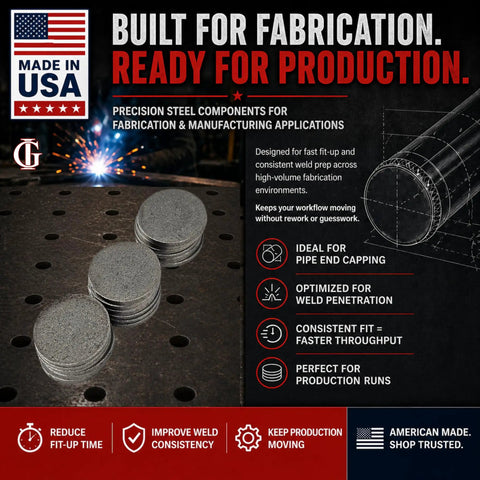 1 Inch Nominal Pipe End Caps A36 Steel CNC Cut 0.120 Inch Thick 1.213 Inch Diameter, ideal for welding, displayed on metal surface.