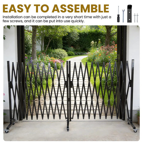 Beefy Pro Heavy Duty Expandable Steel Safety Gate With Smooth Glide Casters Mobile Scissor Safety Barrier for Construction Zone lockdown open in garden.