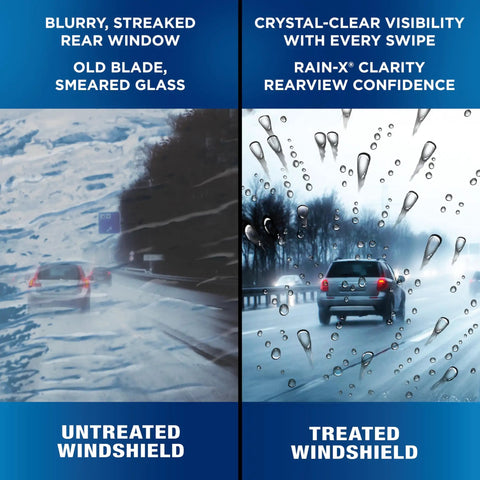 Comparison of untreated vs treated windshield, highlighting Rain-X clarity and effectiveness in adverse weather conditions.