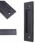 Sliding Barn Door Finger Pull Black, 6 Inch Solid Steel Flat Bottom Handle, side and front views, with mounting holes visible.