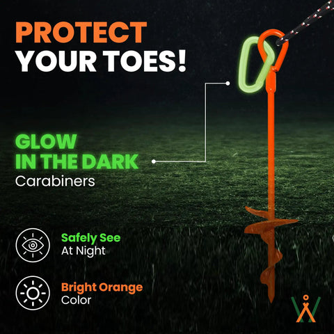 15 Inch Screw In Ground Anchors Pack Of 4 Go-To Heavy Duty Orange Stakes With Drill Bit And Glow Carabiners High Visibility