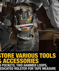 Leather Tool Belt Organizer With 18 Pockets For Pros, Heavy Duty Construction, worn by person holding tape measure and tools.