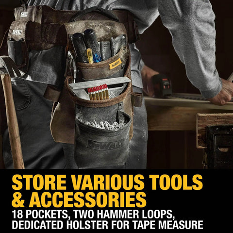 Leather Tool Belt Organizer With 18 Pockets For Pros, Heavy Duty Construction, worn by person holding tape measure and tools.