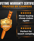 High Visibility Aluminum Tent Stakes 6-Pack shown with Lifetime Warranty emblem and user reviews for beach camping