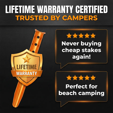 High Visibility Aluminum Tent Stakes 6-Pack shown with Lifetime Warranty emblem and user reviews for beach camping