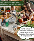 A woman and two children potting plants with 10Qt Bulk Horticultural Perlite For Plants 3 To 6mm Organic Soil Conditioner visible.