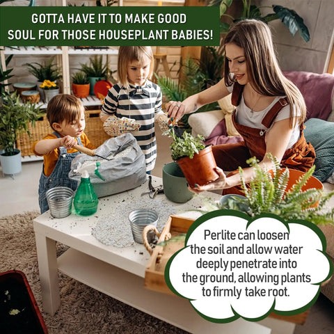 A woman and two children potting plants with 10Qt Bulk Horticultural Perlite For Plants 3 To 6mm Organic Soil Conditioner visible.
