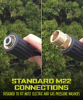 Close-up of SPX-25H 25 Ft Extension Hose M22 to 15MM Connectors for Pressure Washers with forest background.