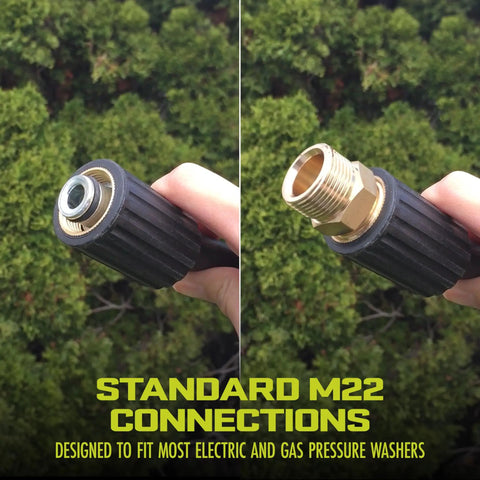 Close-up of SPX-25H 25 Ft Extension Hose M22 to 15MM Connectors for Pressure Washers with forest background.