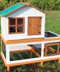Wooden small animal coop with two levels, featuring a white and brown finish; ideal use for 2 Inch T Strap Hinges 6 Pack For Wood Doors.