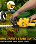 Close-up of cordless hedge trimmer with dual safety start switch, anti-slip handle, and 20V Max battery compatibility in garden setting.