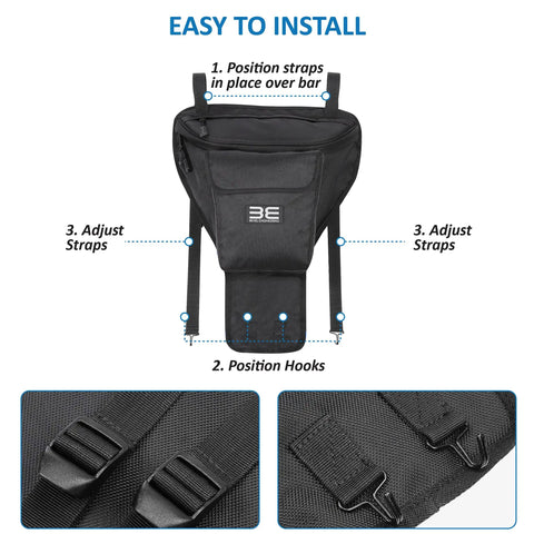 Image showing installation steps for Rugged Storage Bag For UTV Cab Center Seat With Felt Lined Pockets And Key Lanyard, 1680D material.