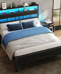 Heavy Duty Full Size Bed Frame With Smart RGB LED Lights App Control Storage Headboard Built In USB Chargers Black Oak Finish view from above on a bedroom setup.