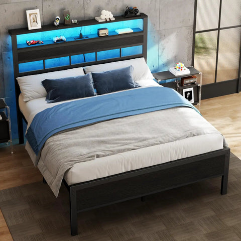 Heavy Duty Full Size Bed Frame With Smart RGB LED Lights App Control Storage Headboard Built In USB Chargers Black Oak Finish view from above on a bedroom setup.