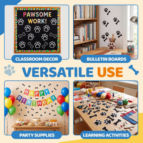 Image showing versatile use of Black Paw Print And Bone Cutouts Set For Doggy Themed Parties And Classroom Decor 72 Pieces, including in decor and activities.