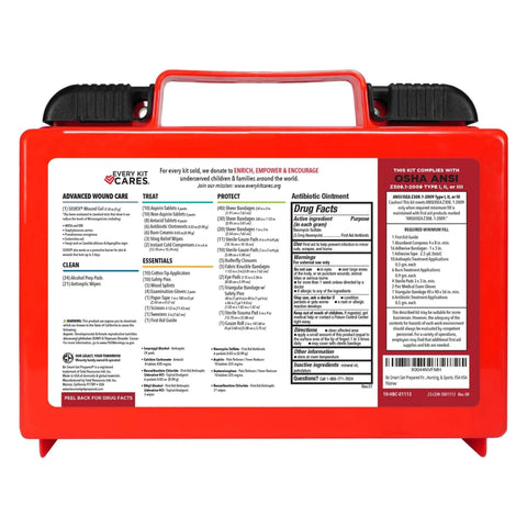 Side view of red Be Smart Get Prepared OSHA/ANSI first aid kit; case with black latches and handle, label visible.